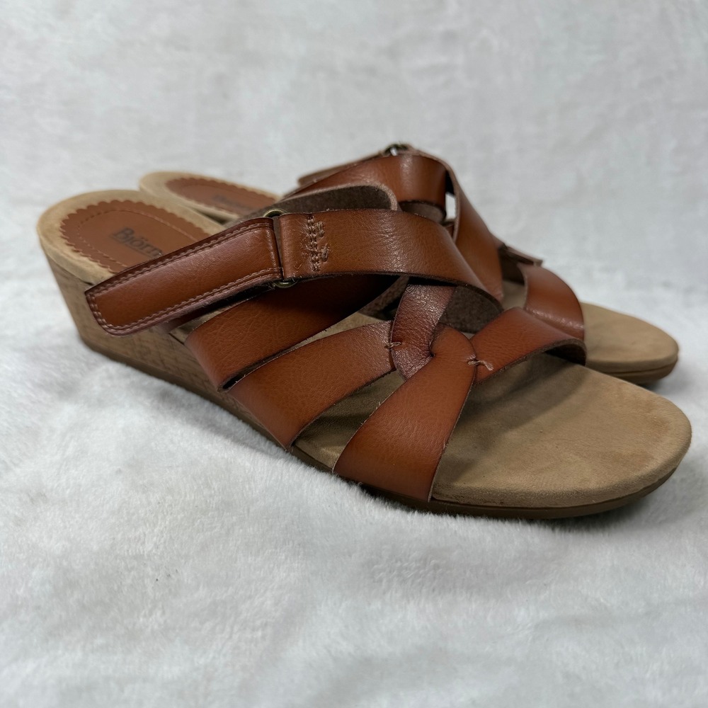 Bjorndal Womens Cognac Brown Strappy Wedge Sandals Size 9 Adjustable Slide Boho